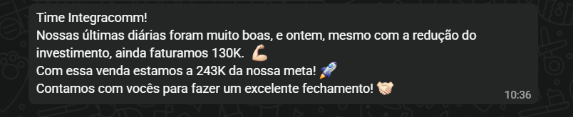 Cliente comemora faturamento de 130 mil reais e avanço para 243 mil reais da meta