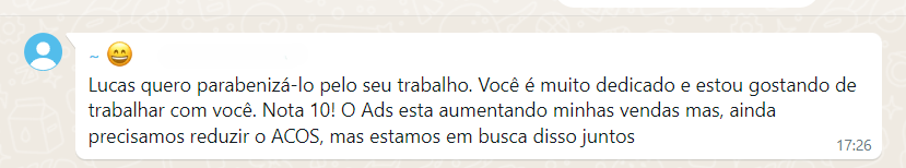 Cliente parabeniza Lucas pelo trabalho dedicado e pelo aumento das vendas com anúncios